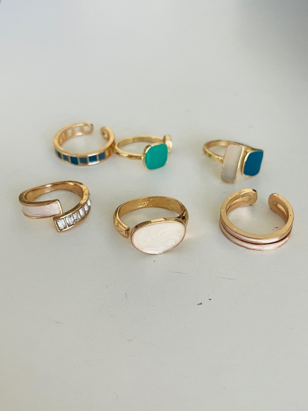 Gold-Tone White and Teal Enamel Stackable Rings - Set of 7